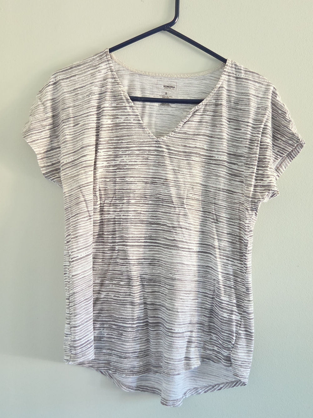 Sonoma Striped V-Neck Short Sleeve Tee in Taupe and White